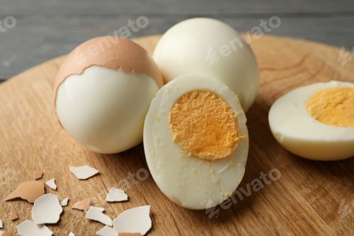 Preview: Board with boiled eggs on wooden background, close up