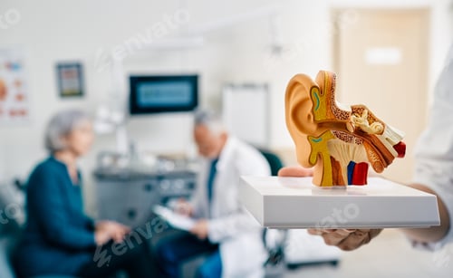 Preview: Anatomical model of human ear in doctor hands, close-up. Hearing treatment and diagnosis for senior