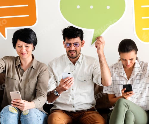 Preview: Co-workers sitting on couch and holding message icons