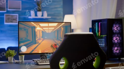 Preview: RGB powerful computer gamer rig with FPS videogame on screen