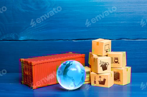 Preview: Red cargo container with boxes and blue globe of planet Earth. Global international trade in goods