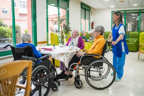 Preview: Elderly women in wheelchairs enjoying activity at nursing home