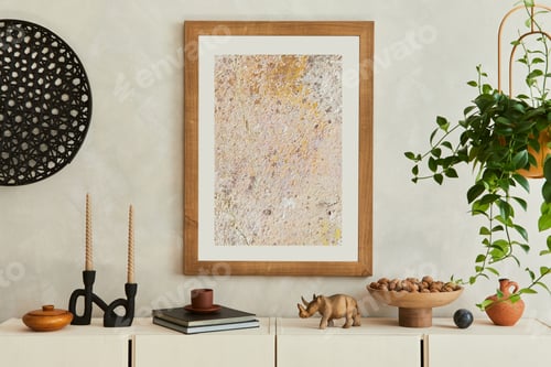 Preview: Stylish and modern beige living room interior composition