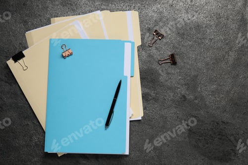 Preview: Many documents in folders with binder clips and pen on grey textured table, flat lay. Space for text
