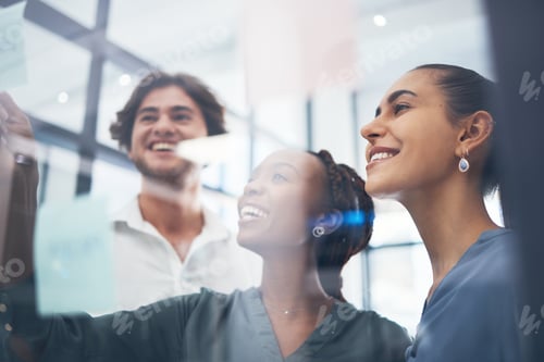 Preview: Innovation, planning and meeting by business team working with sticky notes, motivation and strateg