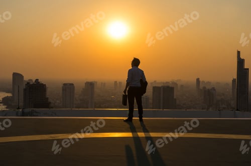 Preview: Silhouette Rear view of businessman standing with carrying the business bag and looking