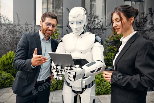 Preview: Robot with businessmen on the street near the building