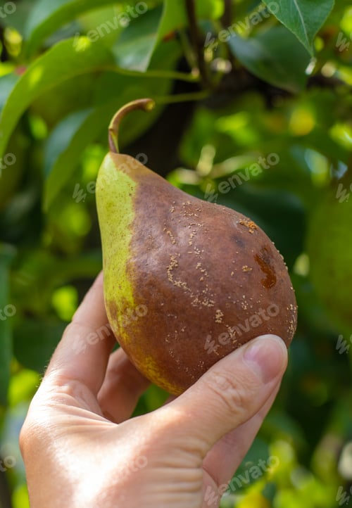 Preview: Rotten pear in the garden. Selective focus.