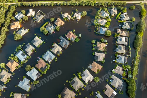 Preview: Flooded houses from hurricane rainfall water in Florida residential community.