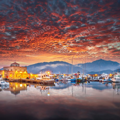 Preview: Impressive sunset view on boats in beautiful marina of Villasimius.
