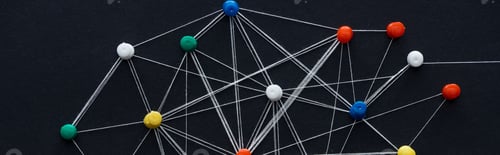 Preview: panoramic shot of push pins connected with strings isolated on black, network concept