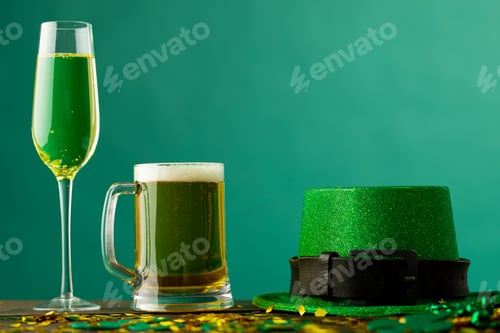 Preview: Image of beer and champagne glasses, green hat and copy space on green background