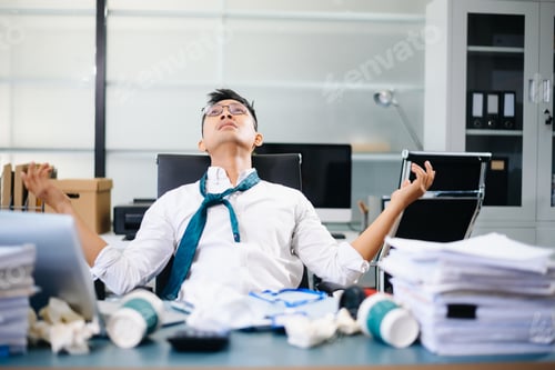 Preview: Overworked Asian businessman sitting at messy office desk, feeling tired and stressed