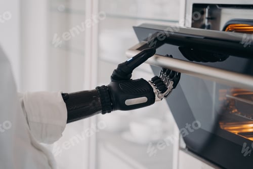 Preview: Robotic cyber hand of disabled person is opening oven at kitchen. Amputee is cooking.