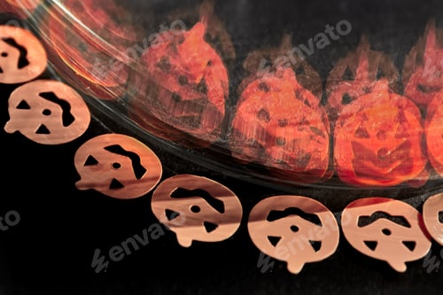 Preview: Gray-orange pumpkins are reflected in the glass with big scary bright orange shadows.