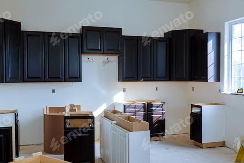 Preview: Kitchen cabinets installation Blind corner cabinet, island drawers and counter cabinets installed