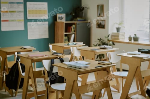 Preview: Classroom with Empty Desks and Chairs