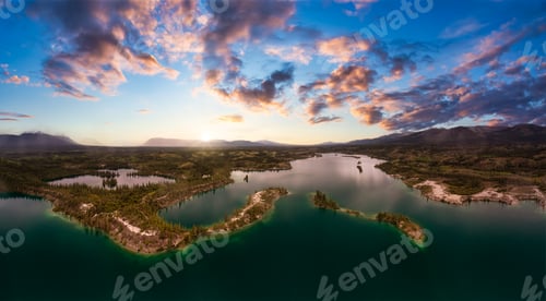 Preview: Panoramic View of Scenic Lake, Islands and Forest in Canadian Nature. Colorful Sunset Sky