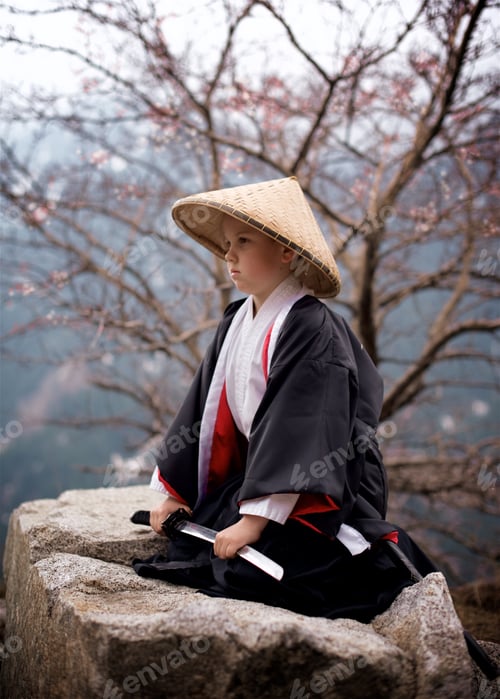 Preview: Way of the Samurai Boy dressed as a samurai sits beside the spring tree