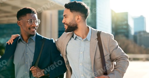 Preview: Smile, talking and walking with business men in the city on their morning commute into work togethe