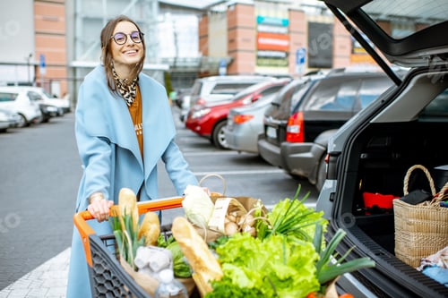 Preview: Woman with shopping cart full of food outdooors