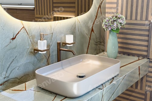 Preview: Modern bathroom vanity with rectangular sink and marble countertop in a contemporary interior design