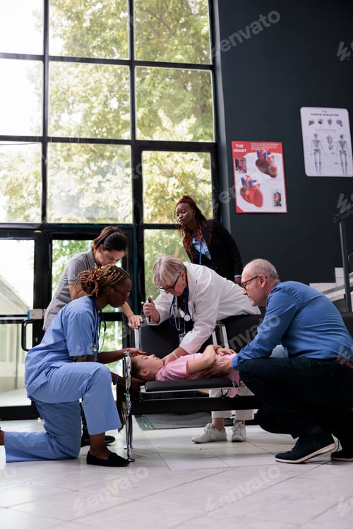 Preview: Scared family after unconscious little child falling down on chair in hospital waiting room