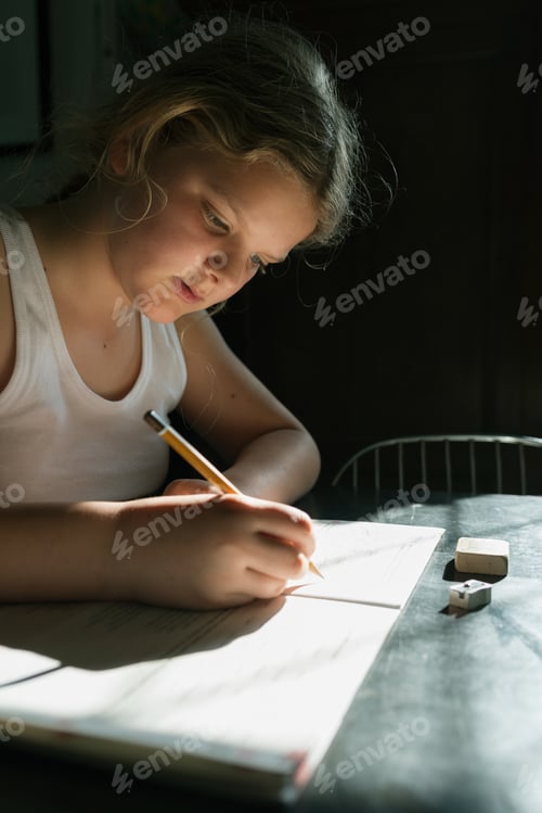 Preview: Girl doing her homework with pencil and notebook
