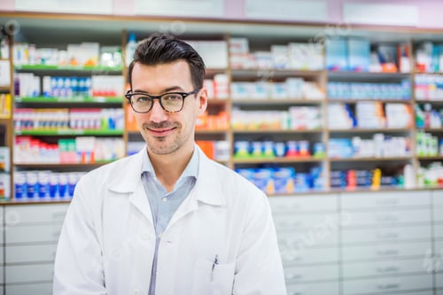 Preview: Portrait of a young friendly male pharmacist.