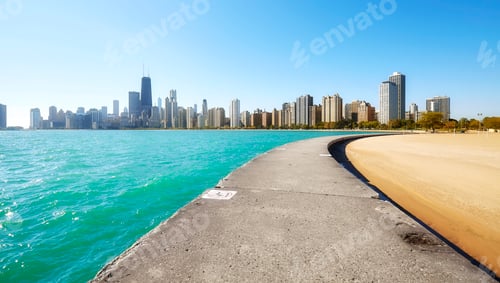 Preview: Chicago waterfront on a sunny cloudless morning, USA.