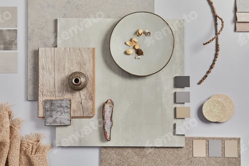 Preview: Creative flat lay design of stylish beige architect moodboard composition