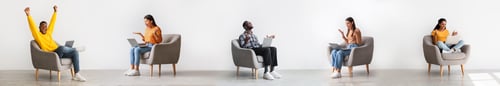 Preview: Joyful Multicultural Men And Women With Laptops Celebrating Sitting Indoor