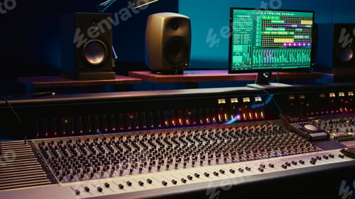 Preview: Empty professional studio with control desk mixer and audio recording software