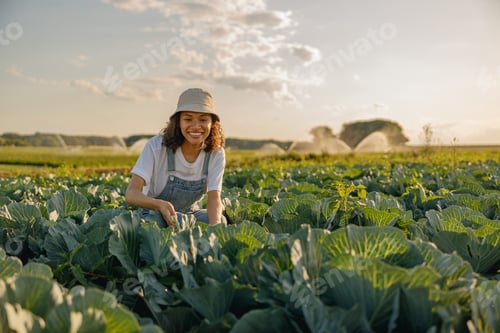 Visualização: Fazendeira sorridente trabalhando em uma fazenda de repolho orgânico e olha para a câmera. Colheita na temporada de outono