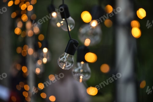 Preview: Light bulb against the background of evening lighting and beautiful bokeh.