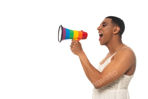 Preview: african american transgender man in sundress shouting in loudspeaker isolated on white