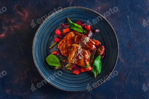 Preview: Top view of roasted pike served with beetroot, carrot, broccoli and balsamic sauce