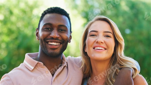 Preview: Joyful Young Couple Smiling Together in Bright Green Park on a Sunny Day