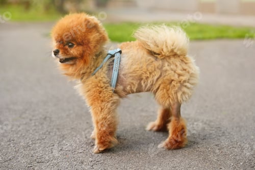 Preview: Cute Pomeranian spitz dog on walk in city