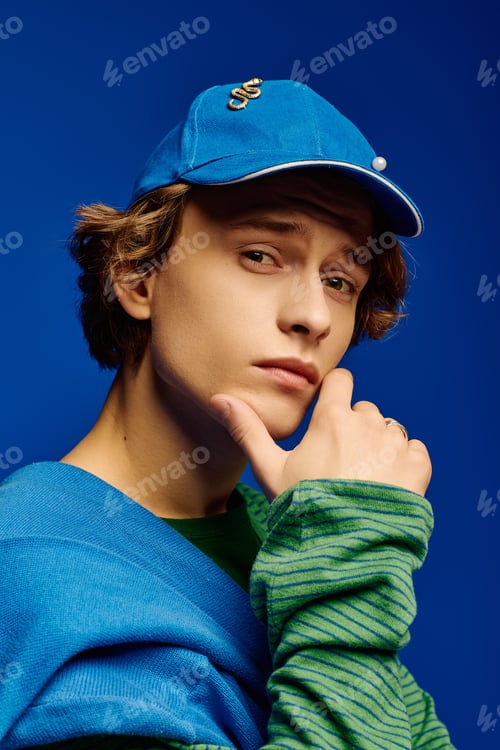 Preview: Young man showcases stylish outfit with striking colors against a vivid backdrop