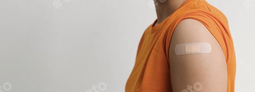 Preview: Asia woman showing shoulder with bandage has gone to vaccinate coronavirus covid19