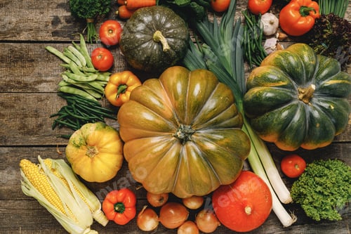 Preview: Beautiful arrengament of autumn vegetables on wooden table