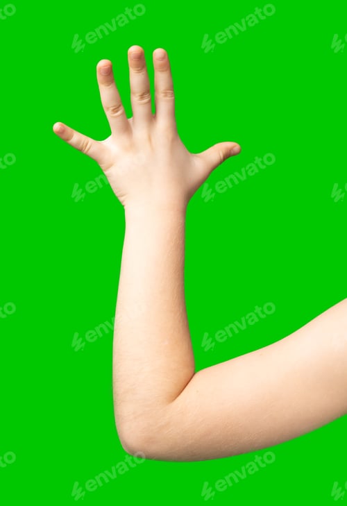 Preview: A child's hand raised in greeting against a bright green background