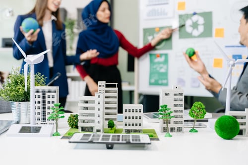 Preview: Business people having consultation about wind energy at company office. Business team discussing