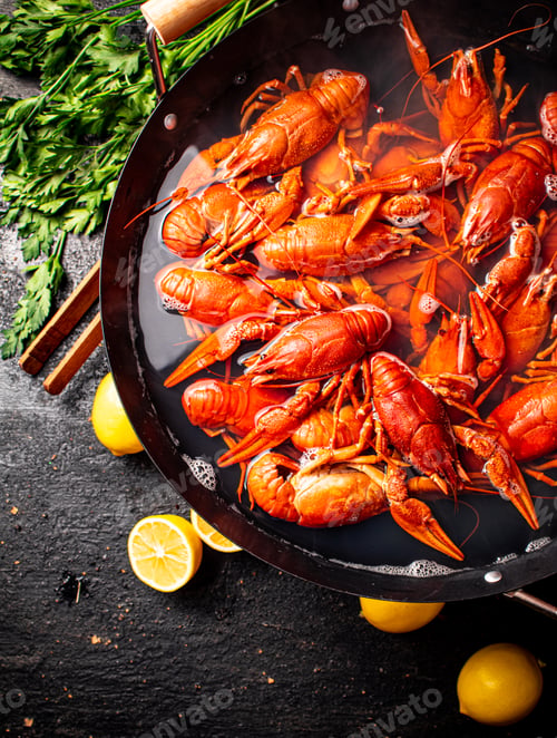 Preview: Boiled crayfish in a pot with parsley and lemon.