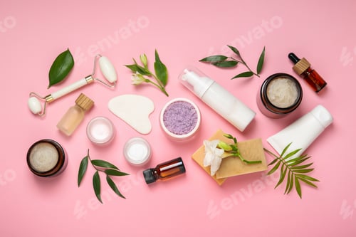 Preview: Flat lay composition with different body care products on pink background