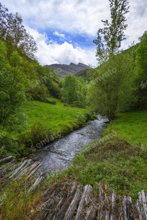 Preview: Old wooden bridge over a mountain river