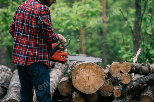 Preview: partial view of lumberjack cutting trunk with chainsaw in forest