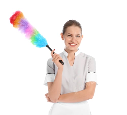 Preview: Young chambermaid with dusting brush on white background