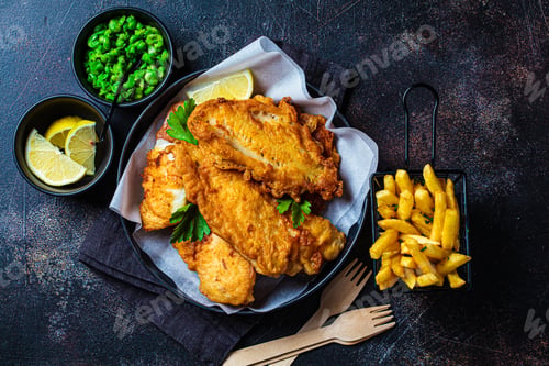 Preview: Fish and chips with green peas on dark background. British cuisine concept.
